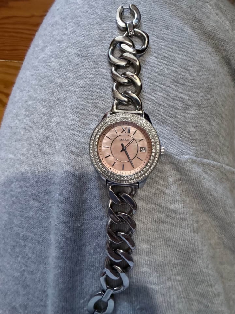Fossil Silver Chain Bracelet Watch with Pink Dial